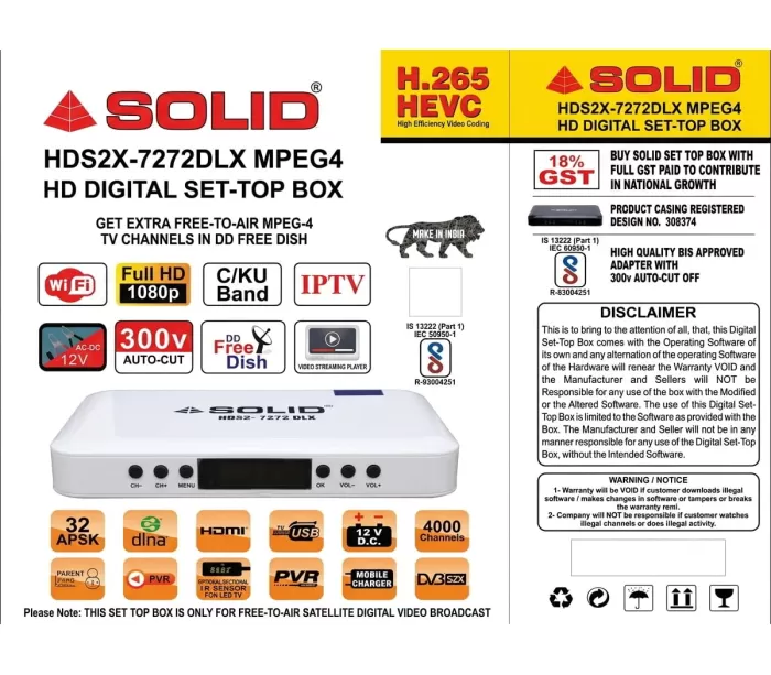 SOLID HDS2X-7272DLX  S2X H.265 HD FTA Set-Top Box